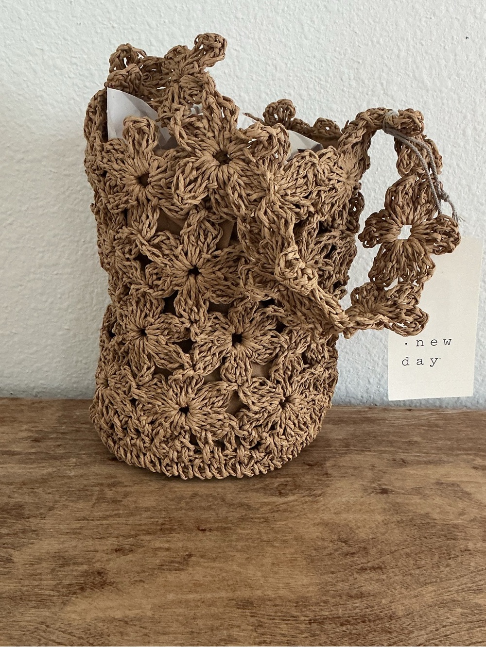 Madewell Crochet Flower Bucket Crossbody Bag in Tan